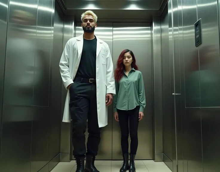 Very tall attractive Arab man (height exaggerated:1.9), standing inside an elevator. He has platinum blond wavy swept-back crew cut hair, dark skin, long black stubble, wearing a white lab coat over a black t-shirt, black cargo pants, and black boots. Next...