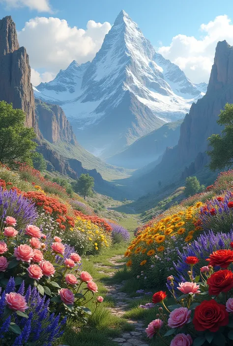 A realistic image with different types of flowers and a mountain background 