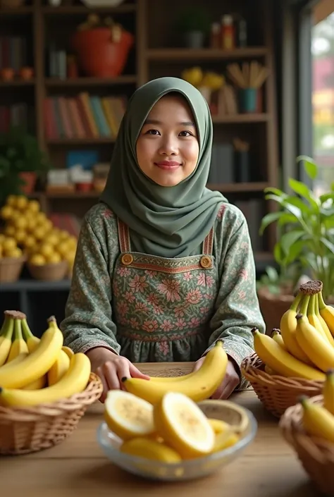 a 17 year old woman wearing a hijab in a long dress, sitting in front of a table full of various bananas, some of the bananas cut in half are put in a transparent plastic food container, the texture of the banana looks authentic, some of the bananas are pu...