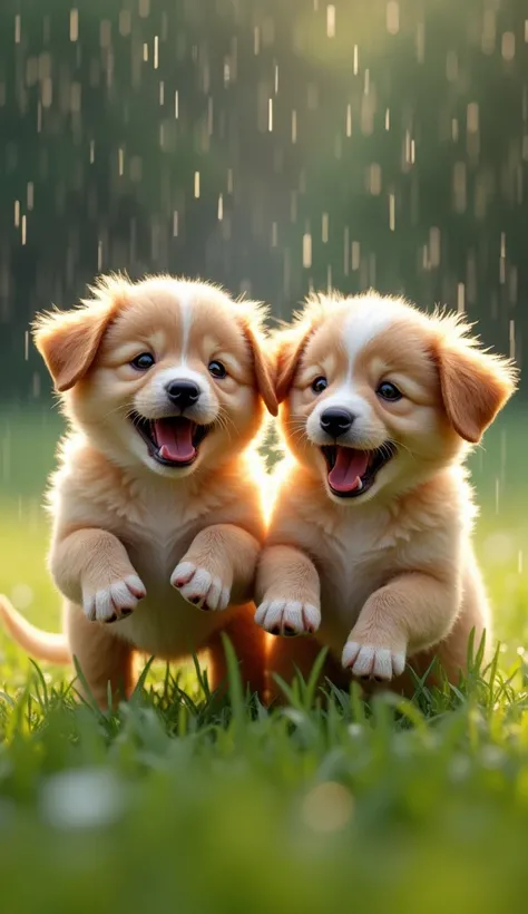 Masterpiece, great composition, two puppies playing, laughing, on the grass, a little rain, wet puppy in the rain, happy expression, soothing. Beautiful details and colors.