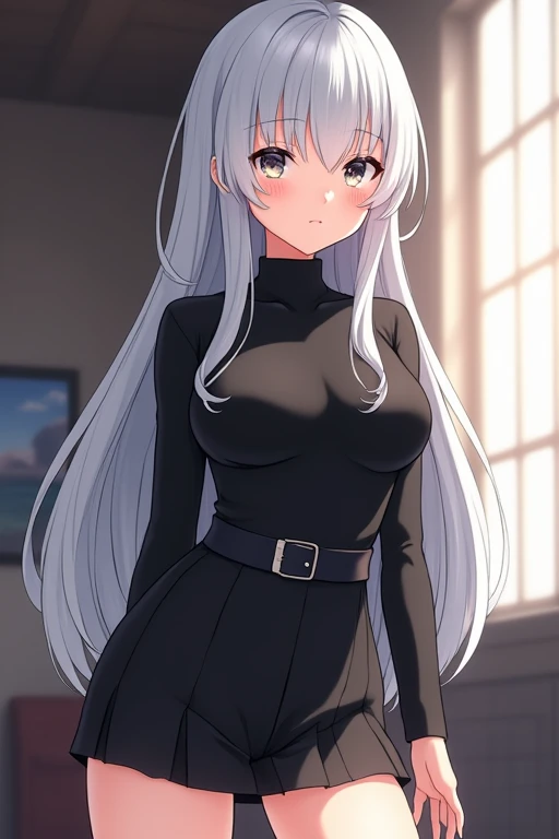 Anime girl, pants, black uniform,whole body, Height: 168cm,almond shape eyes, silver eyes, dull bangs, whole body,1 girl, long hair, straight hair,silver hair, tsurime, 24 years old, Medium chest, blush,silver eyes,masterpiece, highest quality, Super detai...