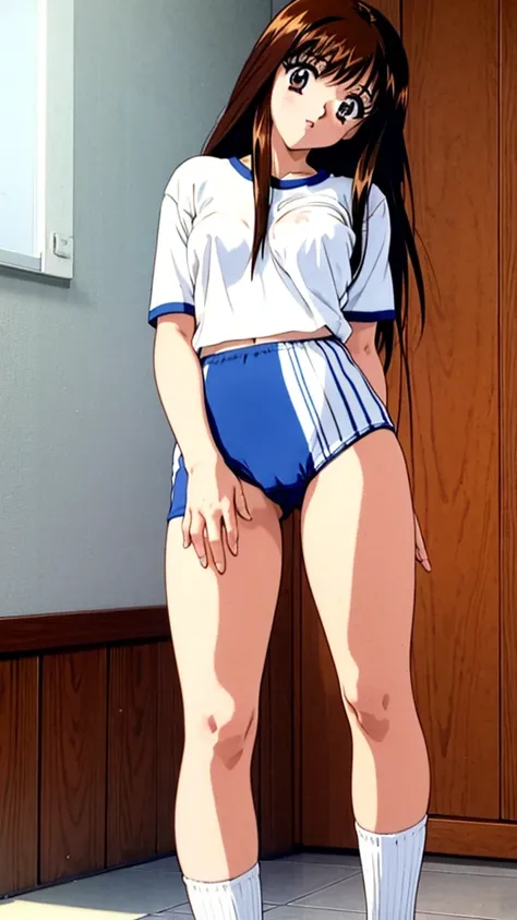 Yuuki Mizuho, One person, alone, Long Hair, hair band, Brown Hair, (gym uniform,(blue brown:1.2), (white shirt, short sleeves:1.1), thighs:1.3),(navel:1.3),(cameltoe:1.3),large breasts,(puffy nipples:1.2), Its not a leotard., Open your mouth, blush, Lips p...