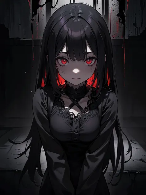 long black hair,red eyes,in the spotlight,(it generates high-quality female works with a dark and insane horror movie-like world...