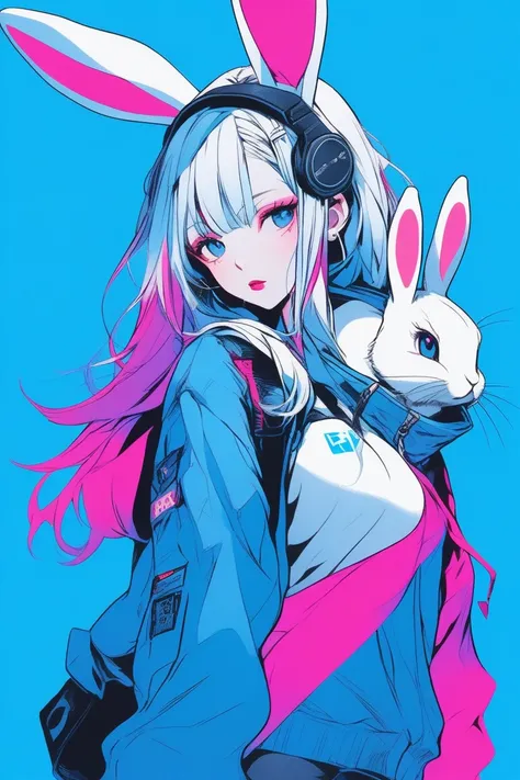 Illustrator, anime , Realistic ,sketch , 1 person, ,lip, Bunny Girl Costume, (((whole body))), order, Blue gradient background, Neon Medium Hair,Texture Trim, Canadian, (masterpiece,Highest quality) 