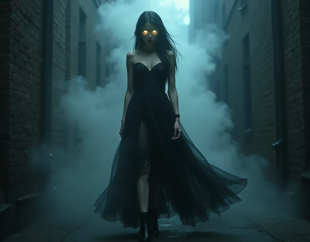 ((a female vampires pair of glowing eyes shines)) full body picture, the fog hides the face, and most of the body you see only the glowing eyes, wearing glamour dress, intricate dress, high heels, you see only the pair of eyes, fantasy dark alley backgroun...