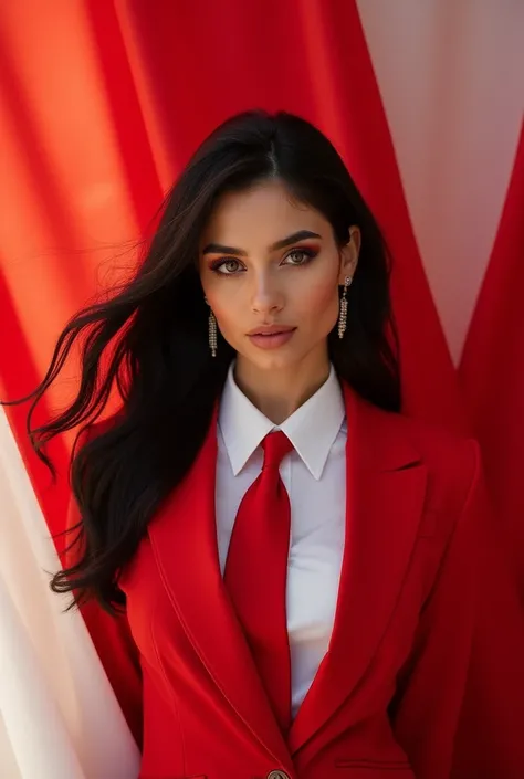 Portrait, Beauty Woman, Focus Camera, Black Hair, Long Hair, Earring, Shirt White, Blazer Red, Tie Red, model editorial poses, red and white cloth background