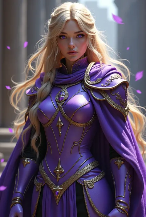 one with golden fringe hair, purple eyes, half-finished purple armor, half-angelic half-greek sword with purple details 