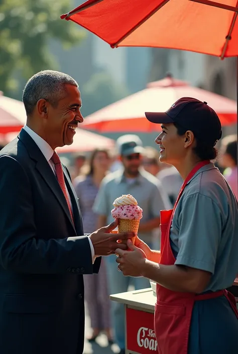 The US President buys ice cream from the person who represents freedom.
