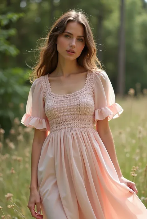 Tunic top having round neckline and yoke connecting to the bottom ofthe frock with gathers and havinv full sleeves with frills