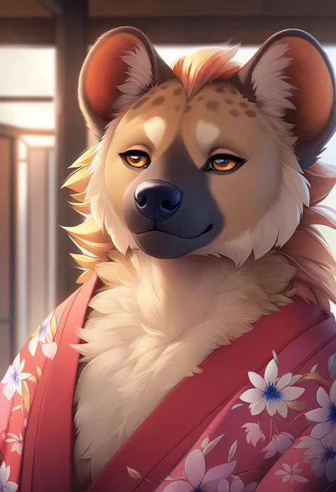 Masterpiece, Highest quality, Highest quality, Ultra high resolution, Detailed background(Very beautiful face and eyes), perfect anatomy(, Kimono, focus only),naked,(, hyena facial features, physical characteristics of a hyena,hyena&#39;tongue),forest,Furr...