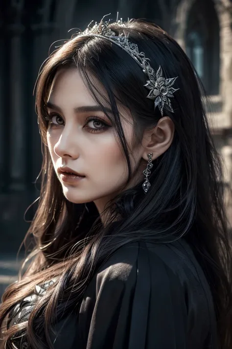 1 European gothic woman, pretty face, long straight hair, ultra detailed face and eyes, hyperrealistic, realistic representation, 30 years old, she is wearing black gothic clothing