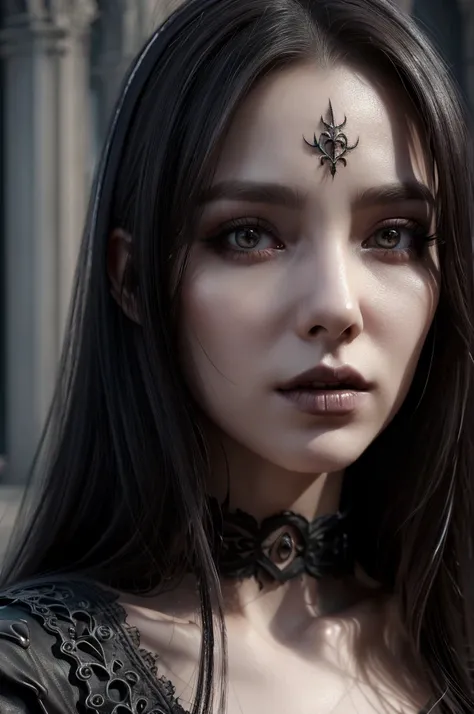 1 European gothic woman, pretty face, long straight hair, ultra detailed face and eyes, hyperrealistic, realistic representation, 30 years old, she is wearing black gothic clothing