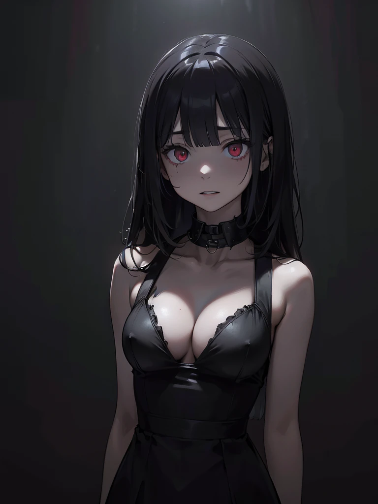 White skin, Black Dress, whole body, Long black hair,Red eyes,In the spotlight,(It generates high-quality female works with a dark and insane horror movie-like world view centered on black. She has a creepy and attractive physique、whole body黒のファッションスタイルを着て...