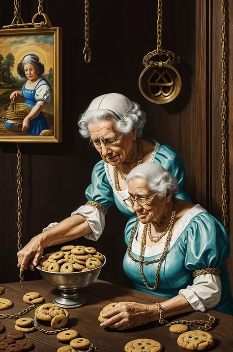 Paint me a picture in the style of orteils cookie clicker of the cookie mine with grandmas in chains being forced to mine them. Make it fitting for a masterpiece art gallery 