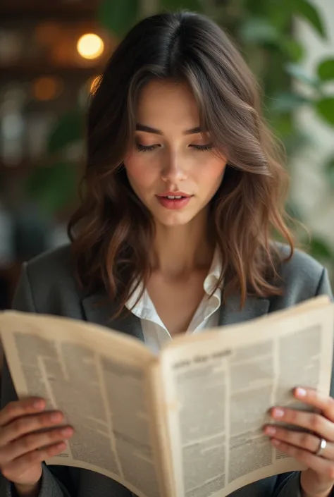 Beautiful girl with wavy short hair, reading news paper in a peaceful location looking like a big journalist 