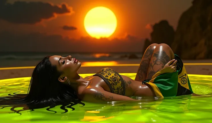 Inside a gold luxury liquid, a { Higher resolution of a baddie caramel, latina blasian mixed women, big booty, perfect body , colorful tattoos ,glossy skin extremely long glossy black hair touching the floor, Wrapped in a Jamaican flag that says”OZ”}, layi...