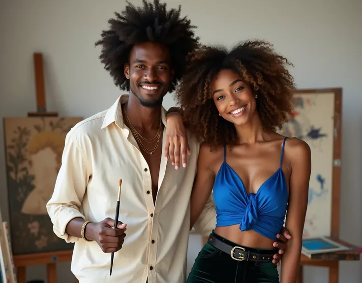 Attractive French-Nubian man with curly hair and dark skin, wearing a relaxed cream shirt and complementary pants, holding a paintbrush, standing next to a young woman who reaches his neck in a paint studio. The man has a kind expression; the woman has a s...