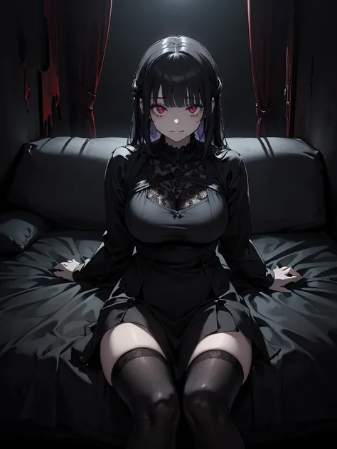 scoAgain_9, Guess face, Wicked Smile, Againm (Again:zero), medium bAgainasts, Hair on one eye, White knee socks, From below, Sitting, Crossing your legs, indoor, On the bed, high Againsolution, masterpiece, evaluation_Safety, White skin, Black Dress, whole...