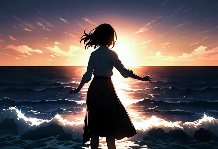 Highly detailed CG Unity 8k wallpaper), coastal，Beautiful young woman in sunny weather, Shouting towards the sea、Back view,skirt, stand、full_body, dramatic, バックLight, Light, Volumetric Lighting, Simple Background、sunset、horizontal line、