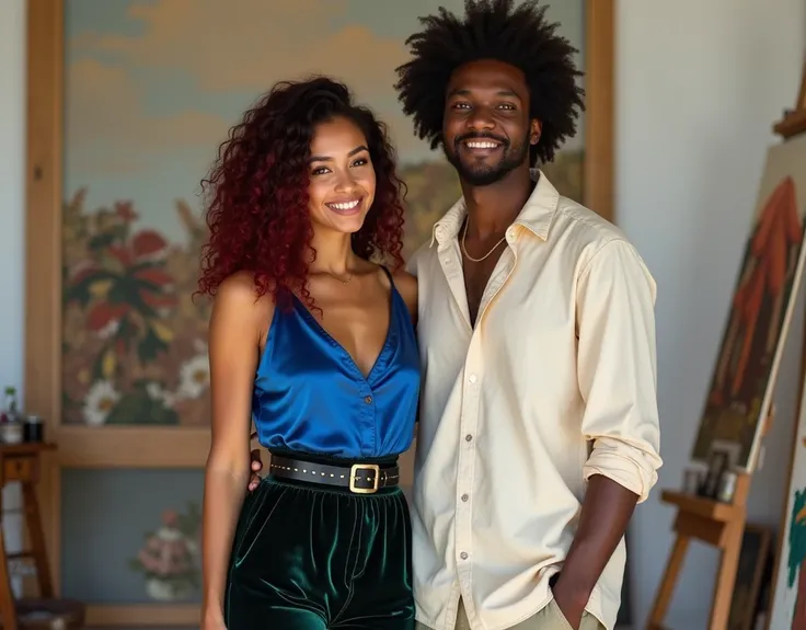 Attractive French-Nubian man with curly hair and dark skin, wearing a relaxed cream shirt and complementary pants, holding a paintbrush, standing next to a young woman who reaches his neck in a paint studio. The man has a kind expression; the woman has a s...