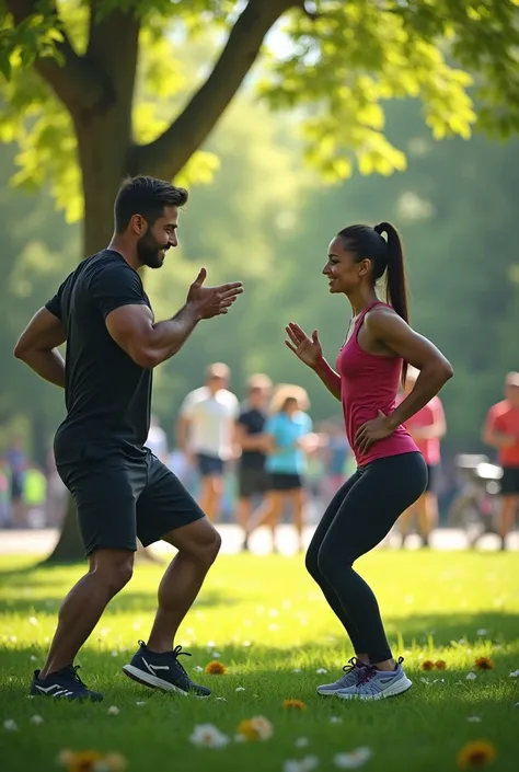 A personal trainer with a client at the park