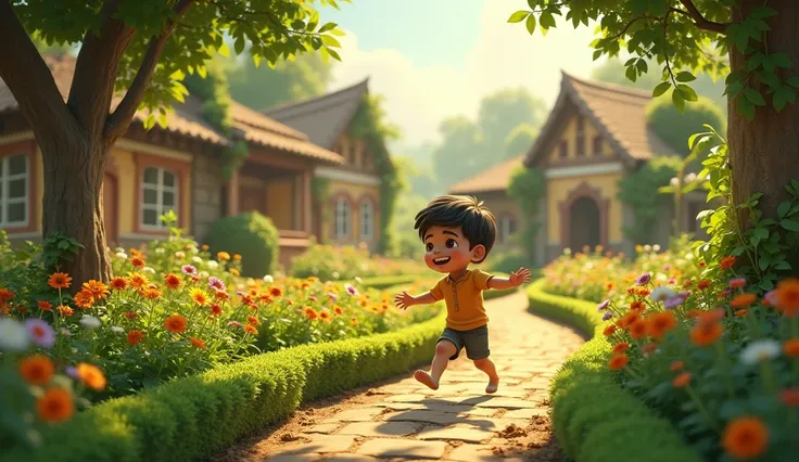 A small village with a lush green garden. A young boy, Rajoo, is happily playing in the garden.