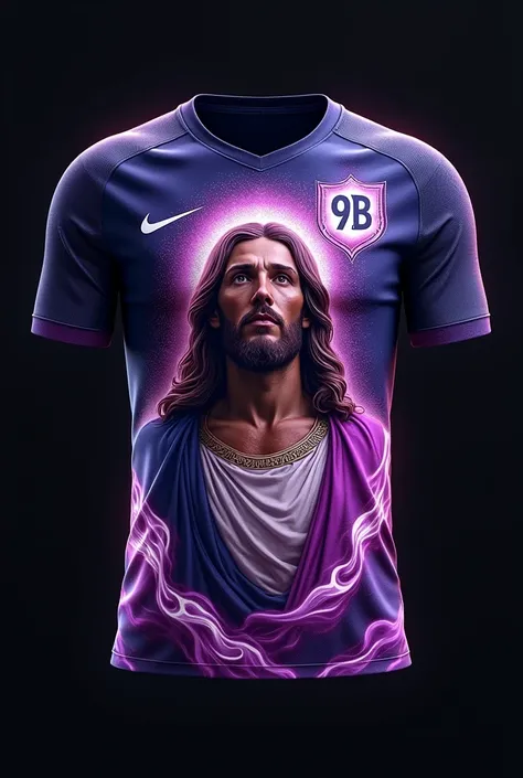 Make a soccer jersey ,On the left side is printed Nike and on the right side a shield written 9B on a hanger with a black background,  with a Nike printed design
And Jesus well detailed with purple flames detailed with black and many more phoenix things we...