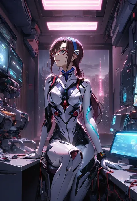 1girl, makinami mari illustrious, sexaroid,glasses, neon genesis evangelion, cyberpunk fashion, android, robotic features, hotel...