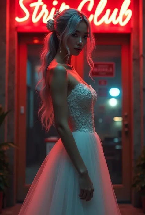 A stunning East Asian woman with a sexy face and a big booty and large breast in a white penny, wedding dress, and gray hair poses outside a strip club.