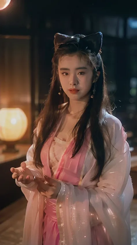 Nie Xiaoqian,Huang Xu Xian, BG_picture,Wearing an ancient Chinese dress (a translucent, shimmering pink robe:1.4), hair bun,alone,1 woman,long hair,angel,realistic,Chinese clothes,Hanfu,hair bun,lips,parted lips,Look at the viewer.,upper body(A background ...