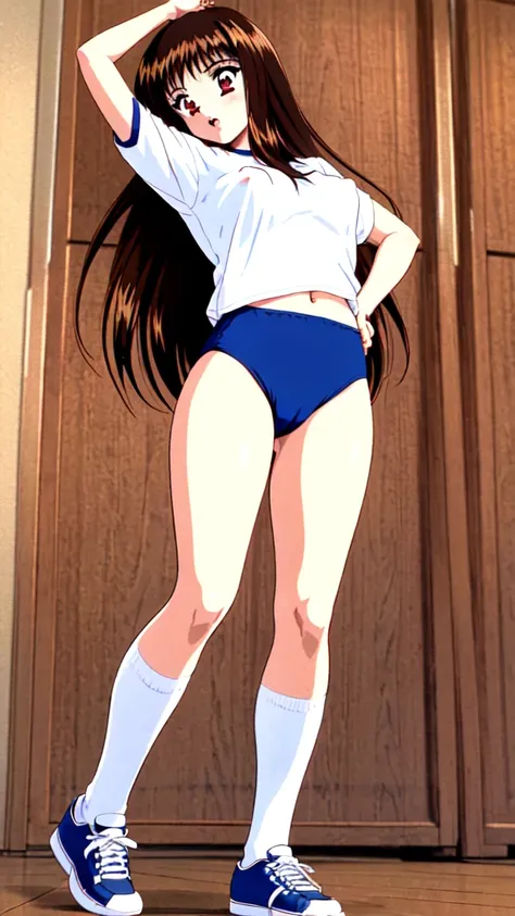 Yuuki Mizuho, One person, alone, Long Hair, hair band, Brown Hair, (gym uniform,(blue brown:1.2), (white shirt, short sleeves:1.1), thighs:1.3),(navel:1.3),(cameltoe:1.1),large breasts,(puffy nipples:1.2), Its not a leotard., Open your mouth, blush, Lips p...