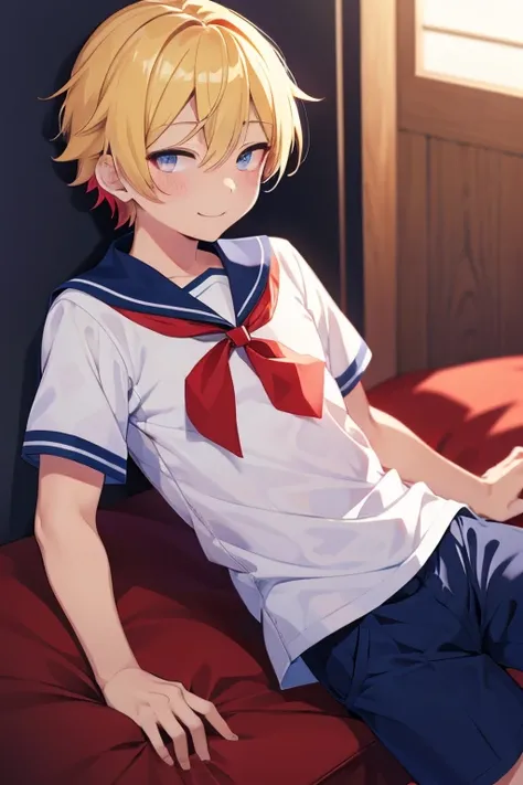 male　male性　Shota　Blonde　Rainbow Eyes　Slender　smile　White shirt　school uniform　Navy blue shorts　In town　male二人　Red Bandana