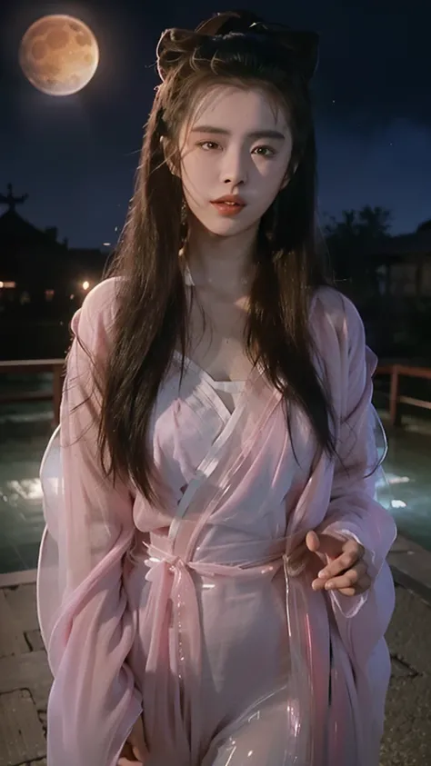 Nie Xiaoqian,Huang Xu Xian, BG_picture,Wearing an ancient Chinese dress (a translucent, shimmering pink robe:1.4), hair bun,alone,1 woman,long hair,angel,realistic,Chinese clothes,Hanfu,hair bun,lips,parted lips,Look at the viewer.,upper body(A background ...