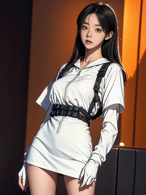 Wearing a white sailor suit、High quality 8K rendering of a beautiful schoolgirl wearing knee-high socks and tactical boots。Her slender figure and exquisite features、Highlighted by professional lighting、It shows her very beautiful face and piercing red eyes...