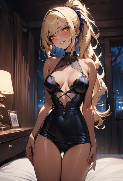 (masterpiece, best quality:1.5), (high resolution 8K), detailed eyes and face, detailed body, 
BREAK 1 girl, japanese girl, longhair, ponytail, blonde hair, blonde eyes, wave hair, (mascara:1.2), (tan skin, dark skin:1.2), double teeth, fang, (piercing:1.2...