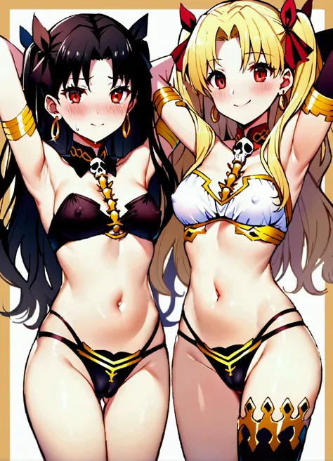 2 people、multiple、Ereshkigal (fate)、Ishtar (fate)、chest、Red eyes、belly button、Staring at the audience、Earrings、jewelry、Long Hair、Blonde Hair、Black Hair、Sisters、blush、Parted bangs、Underarm、brother、フープEarrings、High leg、Gold border、Exposed shoulders、High legb...