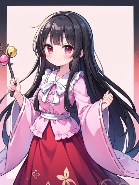 1girl, masterpiece, best quality, perfect hands, blush, smile, closed mouth, houraisan kaguya, black hair, long hair, very long hair, red eyes, skirt, long dress, red skirt, wide sleeves, jeweled branch of hourai, pink shirt, white neck ribbon, blunt bangs