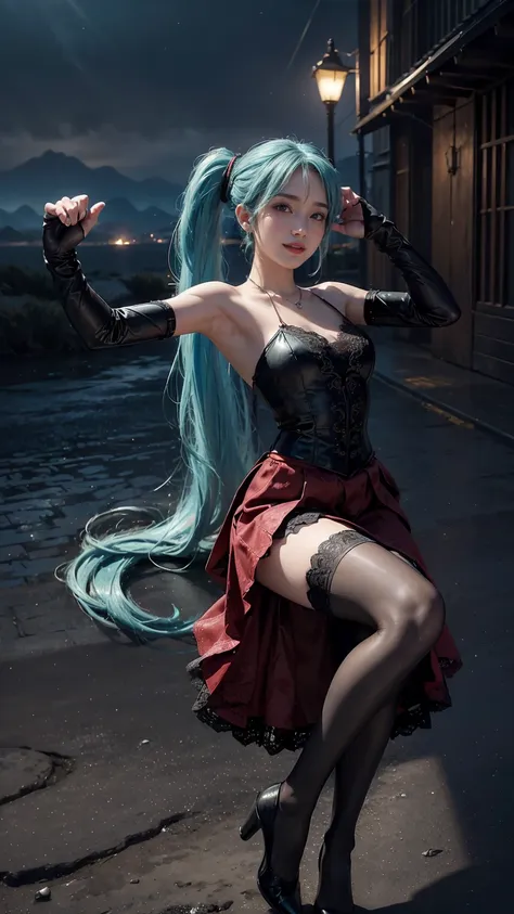 masterpiece,Game Art,Best picture quality,Maximum resolution,8k,(Upper Body,ambush),Unreal Engine 5 rendering works,Ray Tracing,RAW photos,(((Hatsune Miku Character))), (((Tosca Hair Color))), ((Long double ponytail hairstyle)), Enjoy the scenery, Focus on...