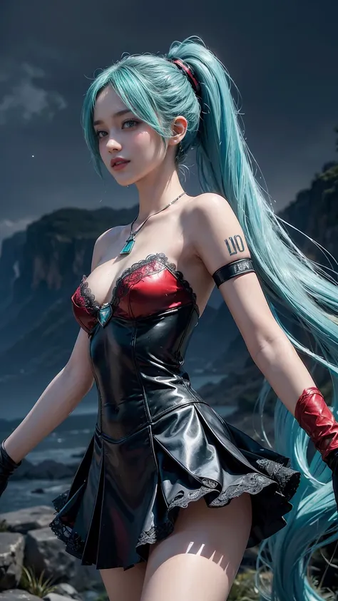 masterpiece,Game Art,Best picture quality,Maximum resolution,8k,(Upper Body,ambush),Unreal Engine 5 rendering works,Ray Tracing,RAW photos,(((Hatsune Miku Character))), (((Tosca Hair Color))), ((Long double ponytail hairstyle)), Enjoy the scenery, Focus on...