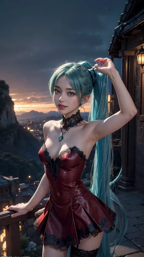 masterpiece,Game Art,Best picture quality,Maximum resolution,8k,(Upper Body,ambush),Unreal Engine 5 rendering works,Ray Tracing,RAW photos,(((Hatsune Miku Character))), (((Tosca Hair Color))), ((Long double ponytail hairstyle)), Enjoy the scenery, Focus on...