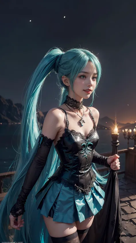 masterpiece,Game Art,Best picture quality,Maximum resolution,8k,(Upper Body,ambush),Unreal Engine 5 rendering works,Ray Tracing,RAW photos,(((Hatsune Miku Character))), (((Tosca Hair Color))), ((Long double ponytail hairstyle)), Enjoy the scenery, Focus on...