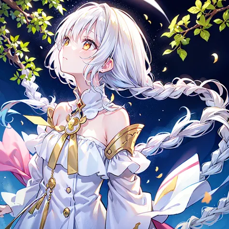 Best Quality, masutepiece,White hair, Gold eyes,White clothes, Looking Up, Upper body,Strands of hair,Fair skin,side braids