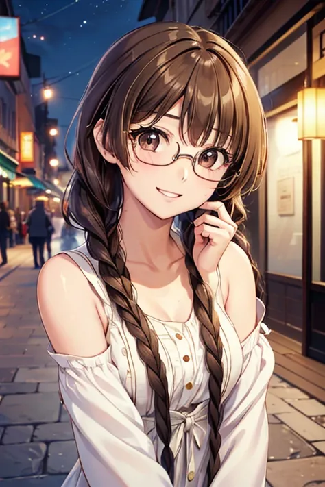 Yuno Shimazu、Shiny brown hair,Long Hair,  、((2 braids:1.5、Hair that falls over the shoulders)),Beautiful brown eyes、Sparkling eyes, Fine grain、smile、Ultra-detailed eyes、Highly detailed face, Highly detailed eyes,Cowboy Shot、


((masterpiece, Highest qualit...