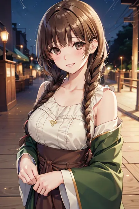 yuno shimazu、shiny brown hair,long hair,  、((2 braids:1.5、hair that falls over the shoulders)),beautiful brown eyes、sparkling ey...