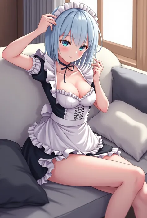 Rem, Wearing a maids uniform, Relaxing on the sofa. Light blue hair, Bob Hair, Little cleavage, Short skirt.