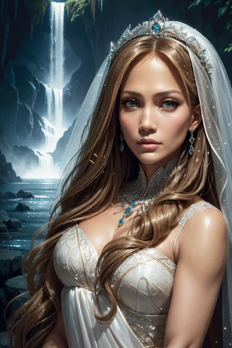 portrait Jennifer Lopez, wearing veil bride tiara costume, against the background of a waterfall, character portrait, 6 3 9 0 s, wavy hair, intricate, elegant, highly detailed, digital painting, artstation, concept art, smooth, sharp focus, illustration, a...