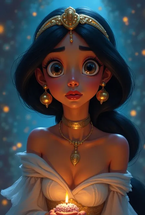 Capture a moment of deep contemplation by painting a full-body portrait of Jasmine, the princess of the kingdom of Agrabah in Aladdin. Her expression should be a mixture of curiosity and a hint of unease, as if she is deeply questioning reality and her pla...