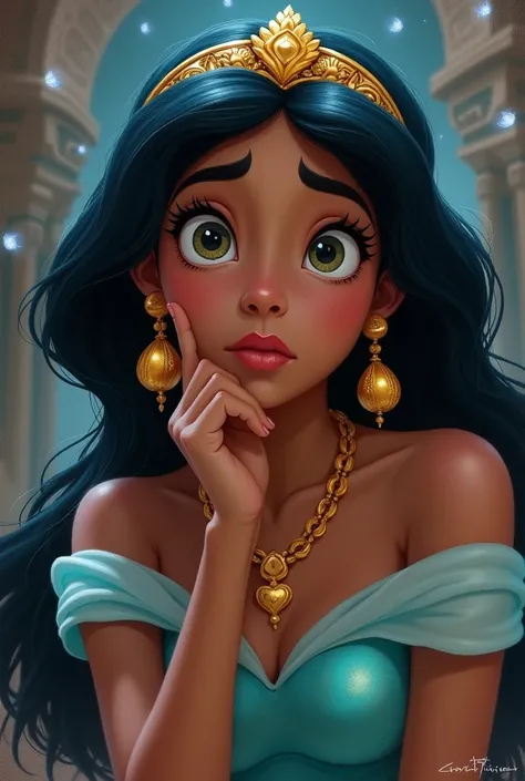 Capture a moment of deep contemplation by painting a full-body portrait of Jasmine, the princess of the kingdom of Agrabah in Aladdin. Her expression should be a mixture of curiosity and a hint of unease, as if she is deeply questioning reality and her pla...