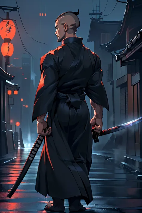 (SFW),katana=japanese sword,((bearded tiefling holding a katana in each hand,1 man is dual-wielding katana)),murderer:1.0,((two katanas are unsheathed)),night city:1.4,rainy,(8k,masterpiece:2.0,anime:1.6,realistic:1.4,best quality,ultra high resolution,ult...