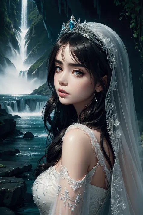 portrait Lily Collins, wearing veil bride tiara costume, against the background of a waterfall, character portrait, 6 3 9 0 s, wavy hair, intricate, elegant, highly detailed, digital painting, artstation, concept art, smooth, sharp focus, illustration, art...